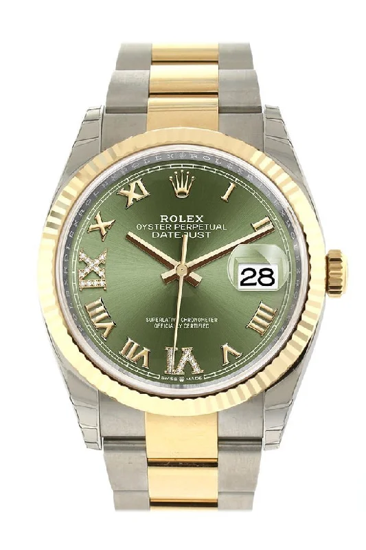 Rolex Datejust 36 Olive green set with diamonds Dial Fluted Bezel Oyster Yellow Gold Two Tone Watch 126233 NP