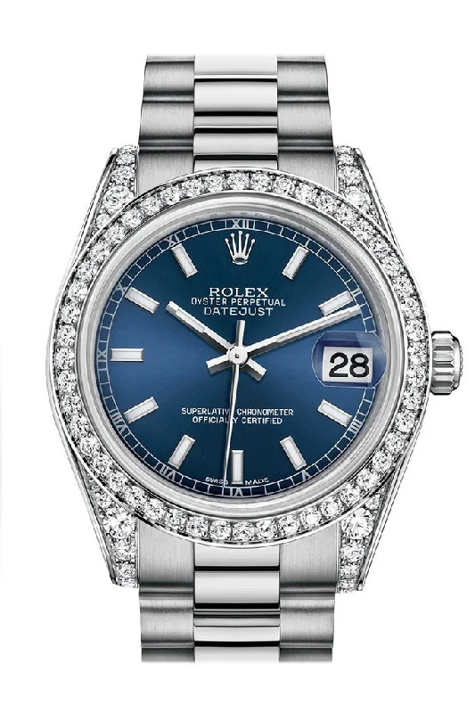 Rolex Datejust 31 Blue Dial Diamond Bezel Lug 18K White Gold President Ladies Watch 178159