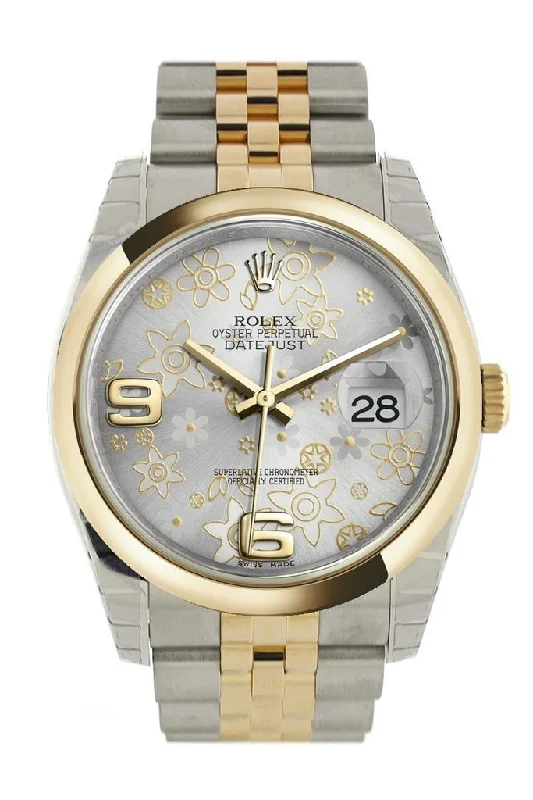 Rolex Datejust 36 Silver floral motif Dial 18k Gold Two Tone Jubilee Watch 116203