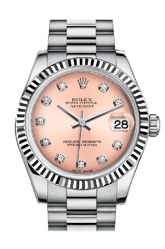 Rolex Datejust 31 Pink Diamond Dial Fluted Bezel 18K White Gold President Ladies Watch 178279