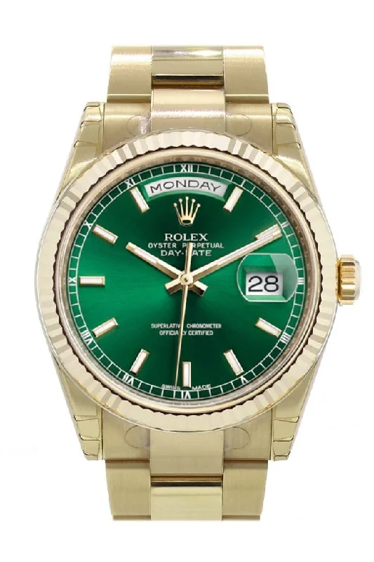 Rolex Day-Date 36 Green Dial Fluted Bezel Yellow Gold Watch 118238