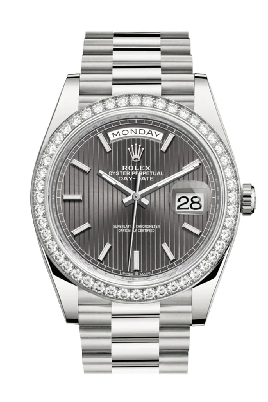 Rolex Day-Date 40 Dark Rhodium Stripe Motif Dial Diamond Bezel White Gold President Automatic Men's Watch 228349RBR 228349