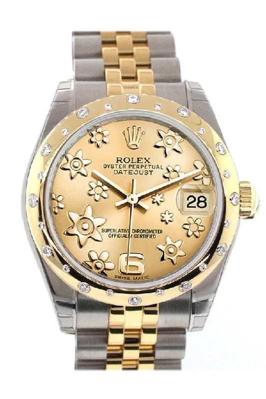 Rolex Datejust 31 Champagne Floral Motif Roman Dial Diamond Bezel 18K Gold Two Tone Jubilee Ladies 178343