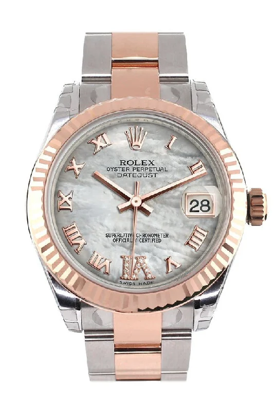 Rolex Datejust 31 White Mother of Pearl Roman Large VI set with Diamond Dial Fluted Bezel 18K Rose Gold Two Tone Ladies Watch 178271