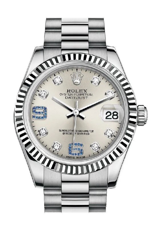 Rolex Datejust 31 Silver set with diamonds and sapphires Dial Fluted Bezel 18K White Gold President Ladies Watch 178279