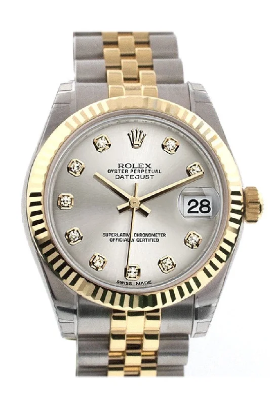 Rolex Datejust 31 Silver Diamond Dial Fluted Bezel 18K Gold Two Tone Jubilee Ladies 178273