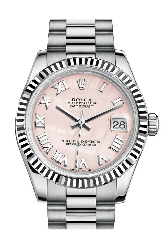 Rolex Datejust 31 Pink mother-of-pearl Roman Dial Fluted Bezel 18K White Gold President Ladies Watch 178279