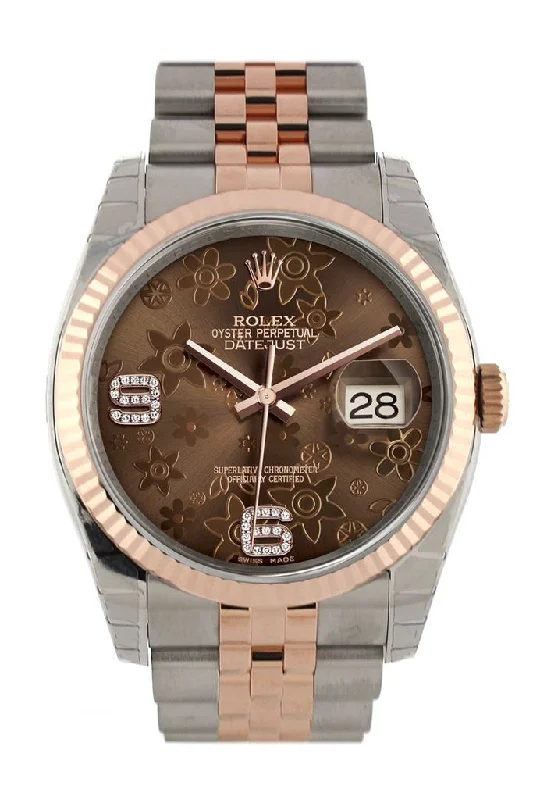 Rolex Datejust 36 Chocolate floral motif set with diamonds Dial Fluted Steel and 18k Rose Gold Jubilee Watch 116231