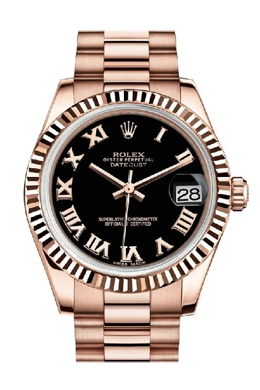 Rolex Datejust 31 Black Roman Dial Fluted Bezel 18K Everose Gold President Ladies Watch 178275