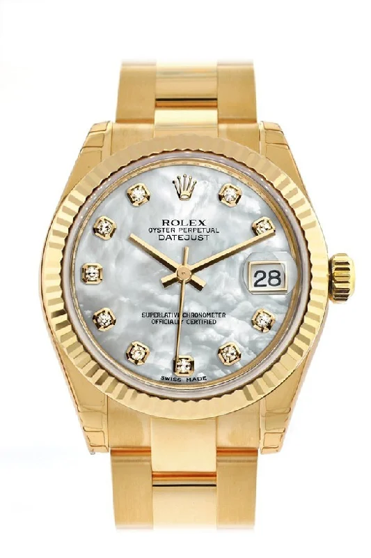 Rolex Datejust 31 White Mother of Pearl Diamond Dial Fluted Bezel 18K Yellow Gold Ladies Watch 178278