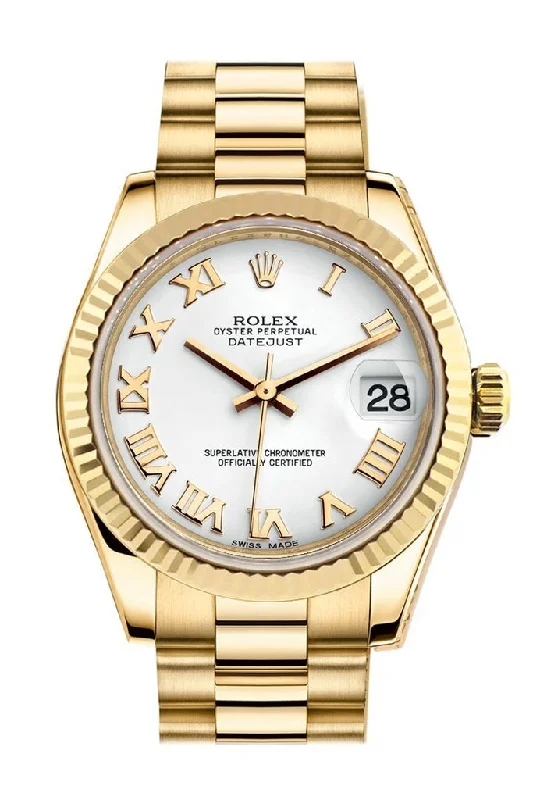 Rolex Datejust 31 White Roman Dial Fluted Bezel 18K Yellow Gold President Ladies Watch 178278