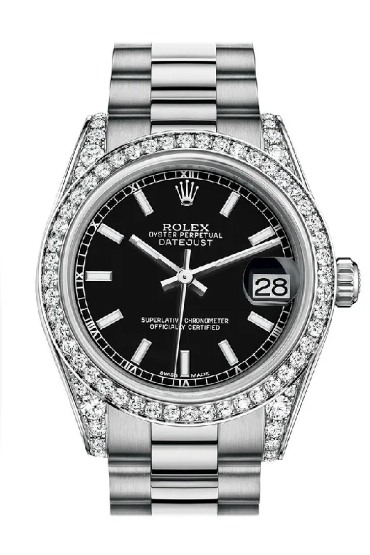 Rolex Datejust 31 Black Dial Diamond Bezel Lug 18K White Gold President Ladies Watch 178159