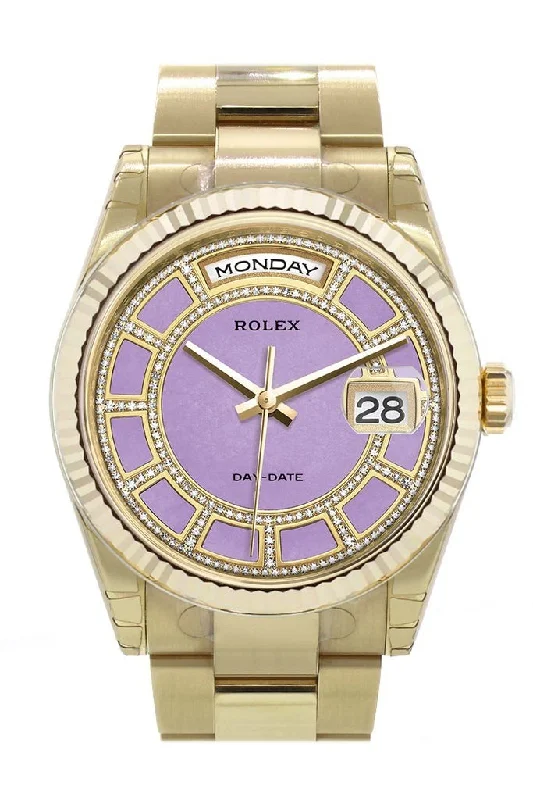 Rolex Day-Date 36 Carousel of Lavender jade Dial Fluted Bezel Yellow Gold Watch 118238