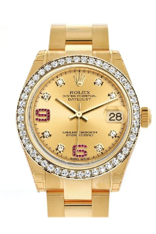 Rolex Datejust 31 Champagne Diamonds Rubies Dial Diamond Bezel 18K Yellow Gold Ladies Watch 178288