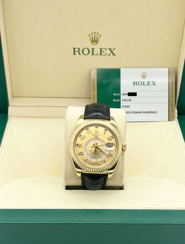 Rolex Sky Dweller 326138 Champagne Dial 18K Yellow Gold Leather Box Paper