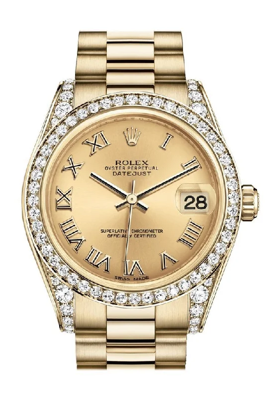 Rolex Datejust 31 Champagne Roman Dial Diamond Bezel Lug 18K Yellow Gold President Ladies Watch 178158