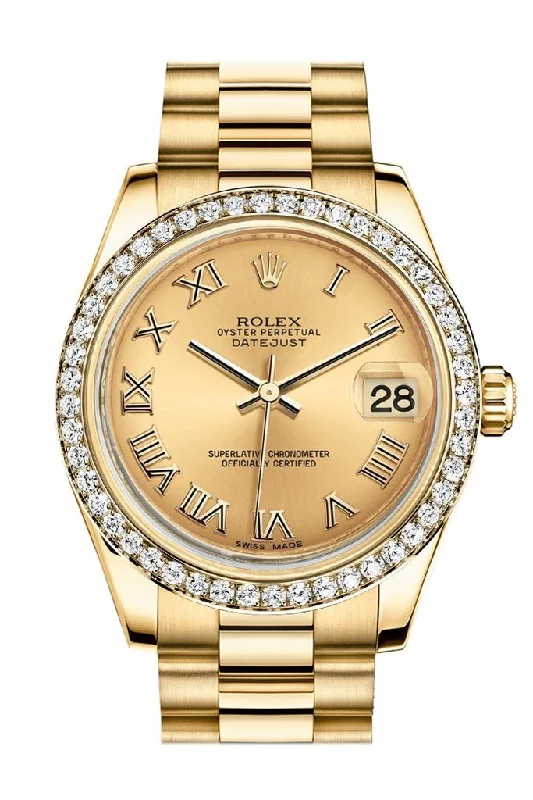 Rolex Datejust 31 Champagne Roman Dial Diamond Bezel 18K Yellow Gold President Ladies Watch 178288