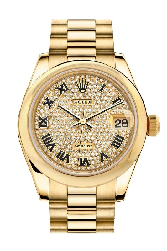 Rolex Datejust 31 Diamond Paved Dial 18K Yellow Gold President Ladies Watch 178248