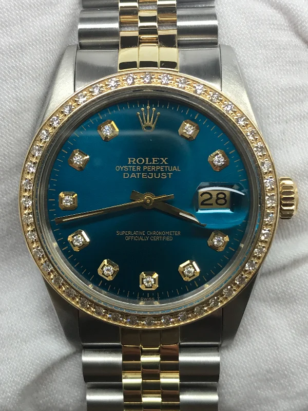 Rolex Datejust 36mm 16013 Blue Custom Diamond Dial Automatic Watch