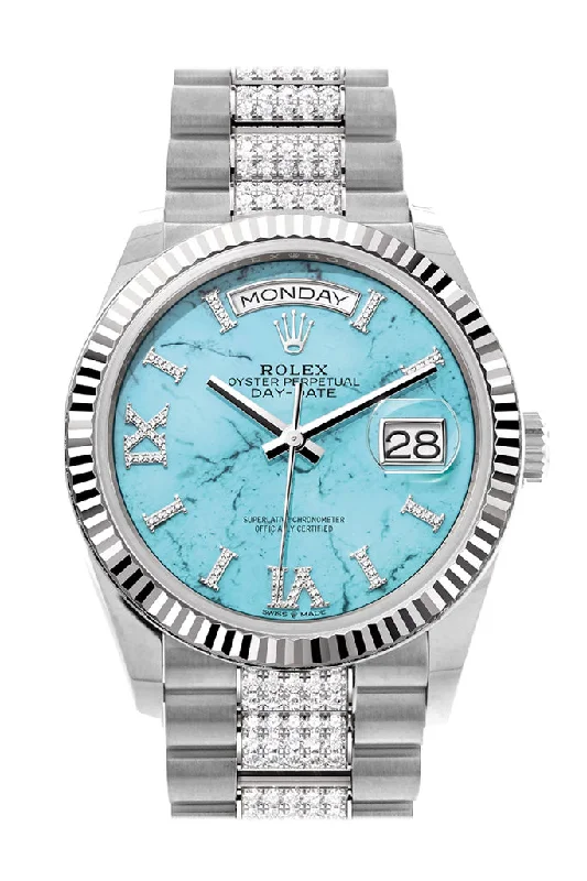 Rolex Day-Date 36 Turquoise Diamond Dial Fluted Bezel White Gold Diamond President Watch 128239