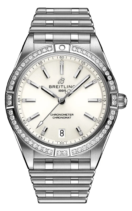 Breitling Chronomat Stainless Steel Gem-Set White Dial Date Automatic Womens Watch A10380591A1A1