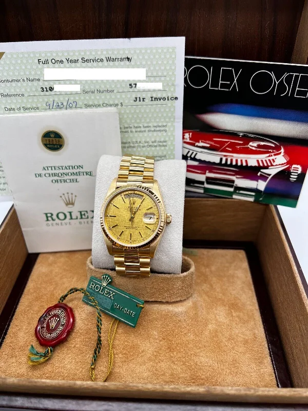 Rolex 18038 President Day Date Champagne Linen Dial 18K Gold Service Paper Mint