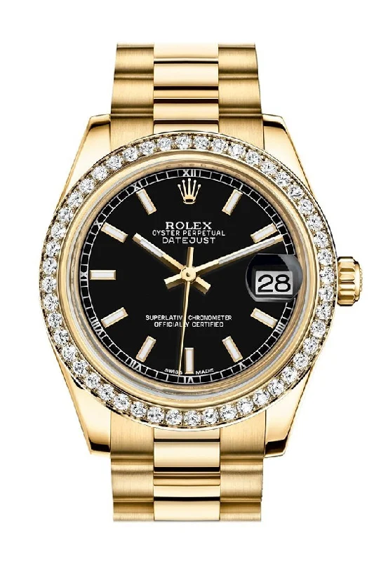 Rolex Datejust 31 Black Dial Diamond Bezel 18K Yellow Gold President Ladies Watch 178288