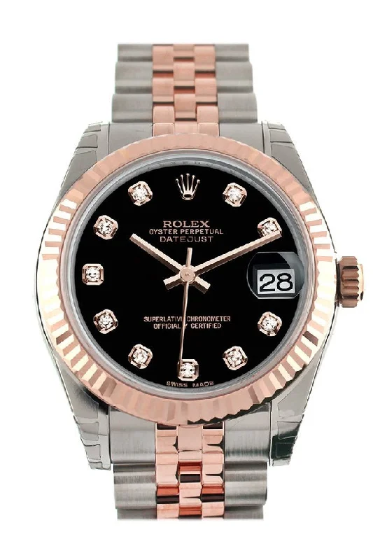 Rolex Datejust 31 Black Diamond Dial Fluted Bezel 18K Rose Gold Two Tone Jubilee Ladies Watch 178271