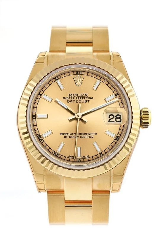 Rolex Datejust 31 Champagne Dial Fluted Bezel 18K Yellow Gold Ladies Watch 178278