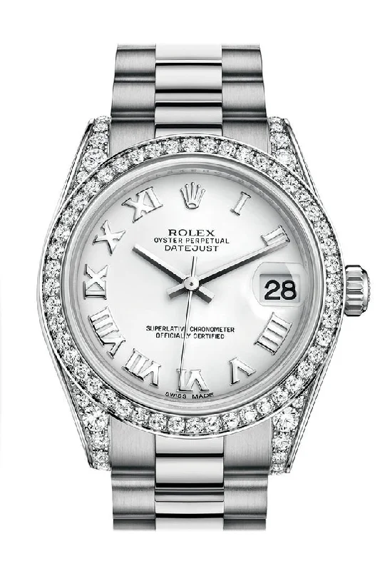 Rolex Datejust 31 White Roman Dial Diamond Bezel Lug 18K White Gold President Ladies Watch 178159