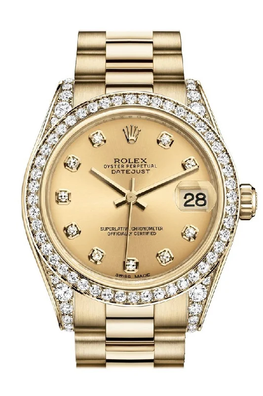 Rolex Datejust 31 Champagne Diamond Dial Diamond Bezel Lug 18K Yellow Gold President Ladies Watch 178158