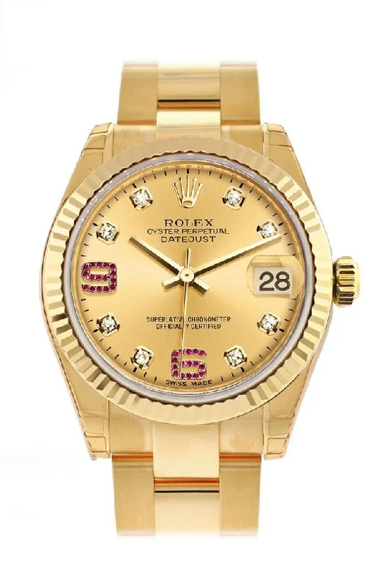 Rolex Datejust 31 Champagne Diamonds Rubies Dial Fluted Bezel 18K Yellow Gold Ladies Watch 178278