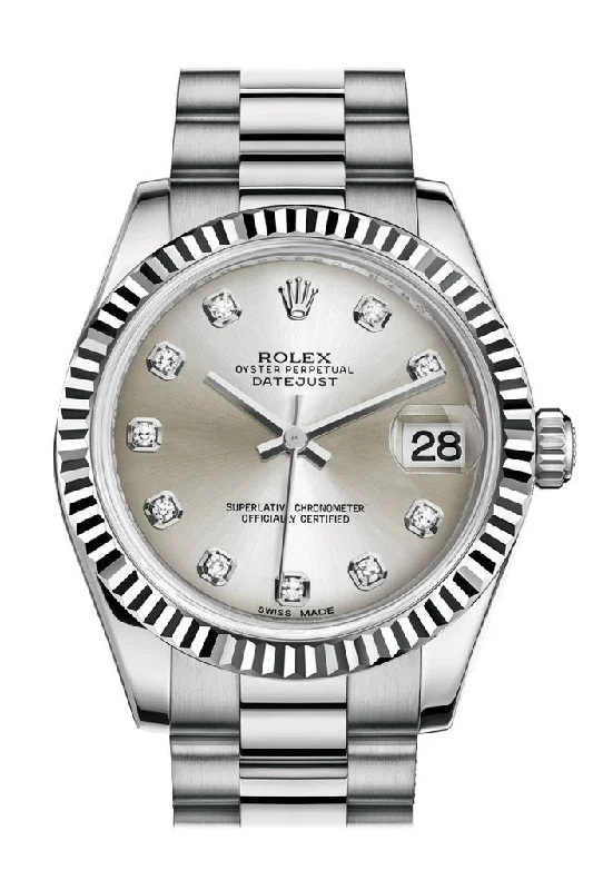 Rolex Datejust 31 Silver Diamond Dial Fluted Bezel 18K White Gold President Ladies Watch 178279