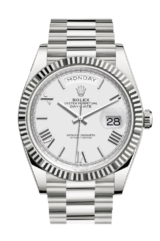 Rolex Day-Date 40 White Roman Dial Fluted Bezel White Gold President Automatic Men's Watch 228239