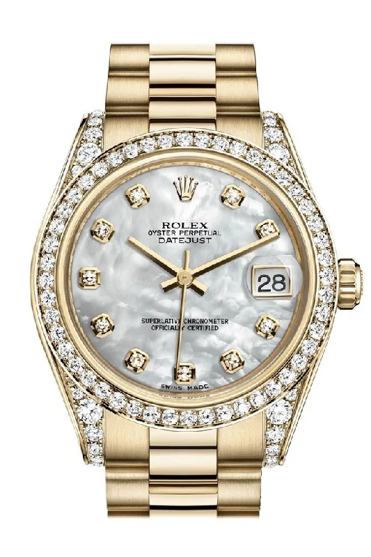 Rolex Datejust 31 White Mother of Pearl Dia Dial Diamond Bezel Lug 18K Yellow Gold President Ladies Watch 178158