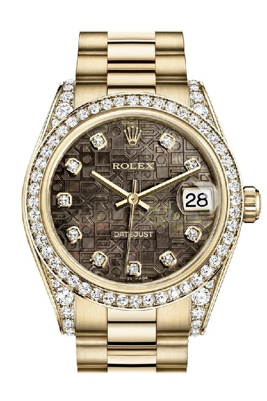 Rolex Datejust 31 Black Mother of Pearl Jubilee Diamond Dial Diamond Bezel Lug 18K Yellow Gold President Ladies Watch 178158