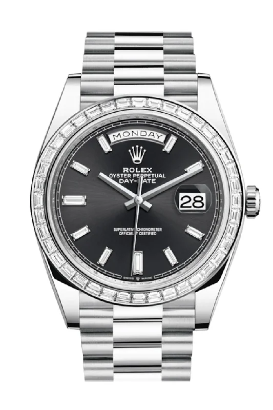 Rolex Day-Date 40 Black Baguette Diamond Dial 40 Baguette Diamond Bezel Platinum President Automatic Men's Watch 228396TBR 228396