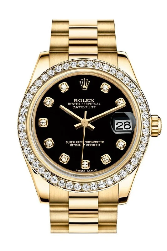 Rolex Datejust 31 Black Diamond Dial Diamond Bezel 18K Yellow Gold President Ladies Watch 178288