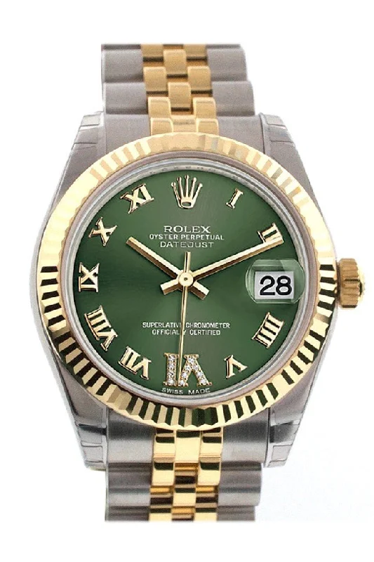 Rolex Datejust 31 Olive Green Roman Large VI Diamond Dial Fluted Bezel 18K Gold Two Tone Jubilee Ladies 178273