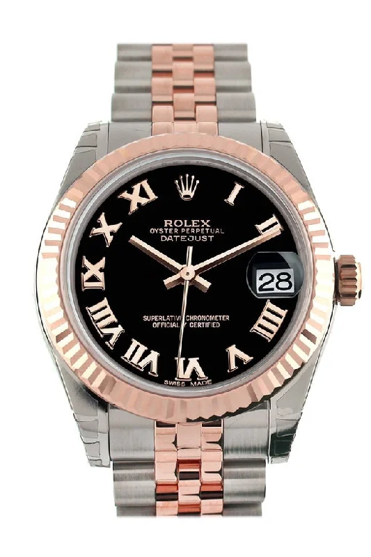 Rolex Datejust 31 Black Roman Dial Fluted Bezel 18K Rose Gold Two Tone Jubilee Ladies Watch 178271