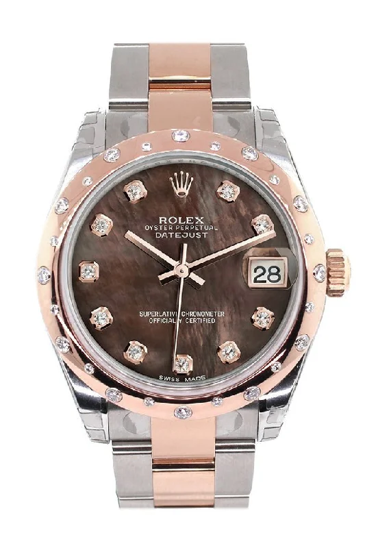 Rolex Datejust 31 Black Mother of Pearl Diamond Dial Diamond Bezel 18K Rose Gold Two Tone Ladies Watch 178341