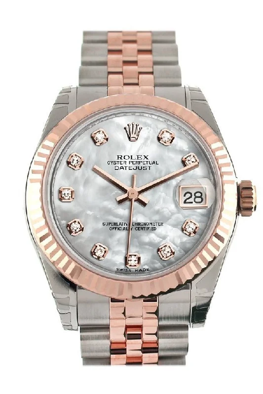 Rolex Datejust 31 White Mother of Pearl Diamond Dial Fluted Bezel 18K Rose Gold Two Tone Jubilee Ladies Watch 178271