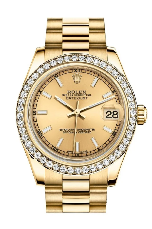 Rolex Datejust 31 Champagne Dial Diamond Bezel 18K Yellow Gold President Ladies Watch 178288