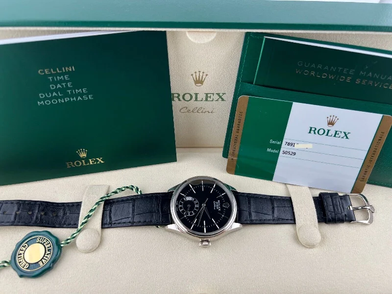 Rolex Cellini 50529 Dual Time 39mm Black Dial 18K White Gold Leather Box Paper