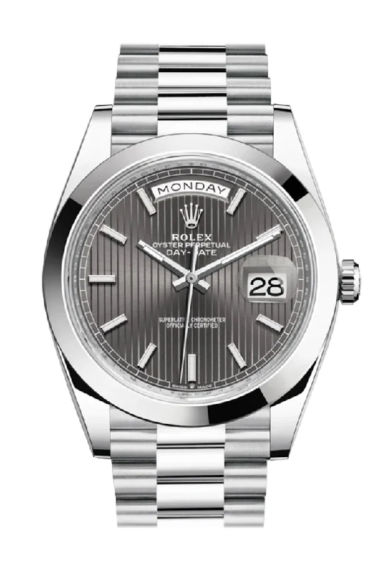 Rolex Day-Date 40 Dark Rhodium Stripe Motif Dial Dome Bezel Platinum President Automatic Men's Watch 228206