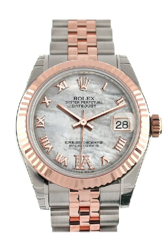 Rolex Datejust 31 White Mother of Pearl Roman Large VI set with Diamond Dial Fluted Bezel 18K Rose Gold Two Tone Jubilee Ladies Watch 178271