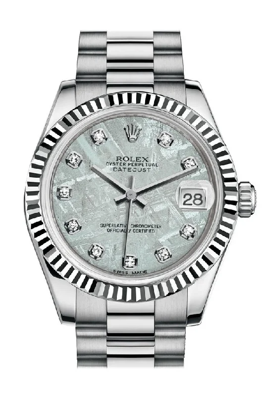 Rolex Datejust 31 MeteoriteÊDiamond Dial Fluted Bezel 18K White Gold President Ladies Watch 178279