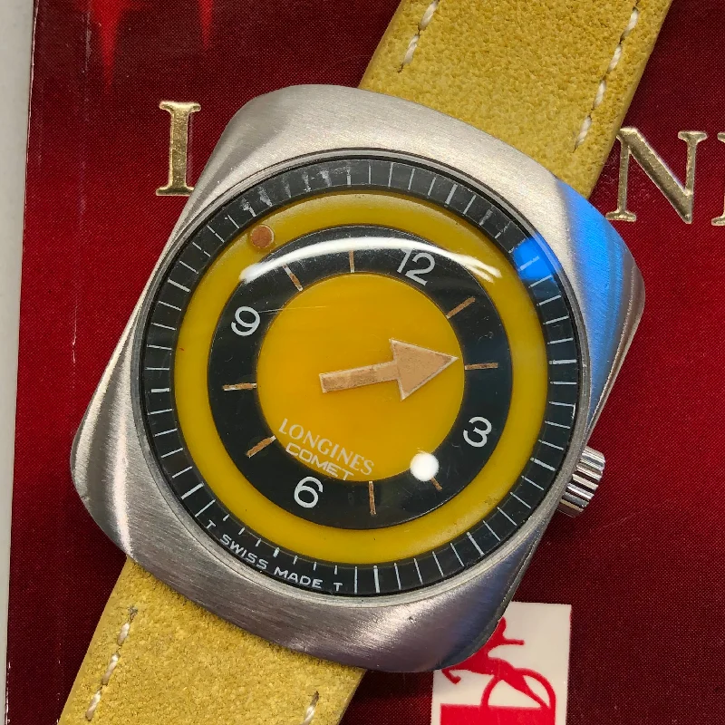 1971 Longines Comet 8475 Yellow Mystery Dial Steel Vintage Wristwatch with Box and Papers