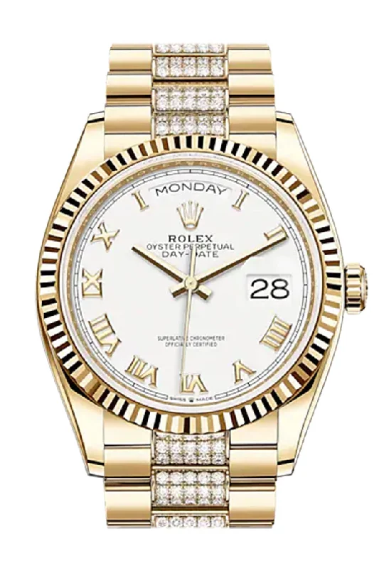 Rolex Day-Date 36 White Roman Dial 18K Yellow Gold Watch Diamond set president Bracelet 128238