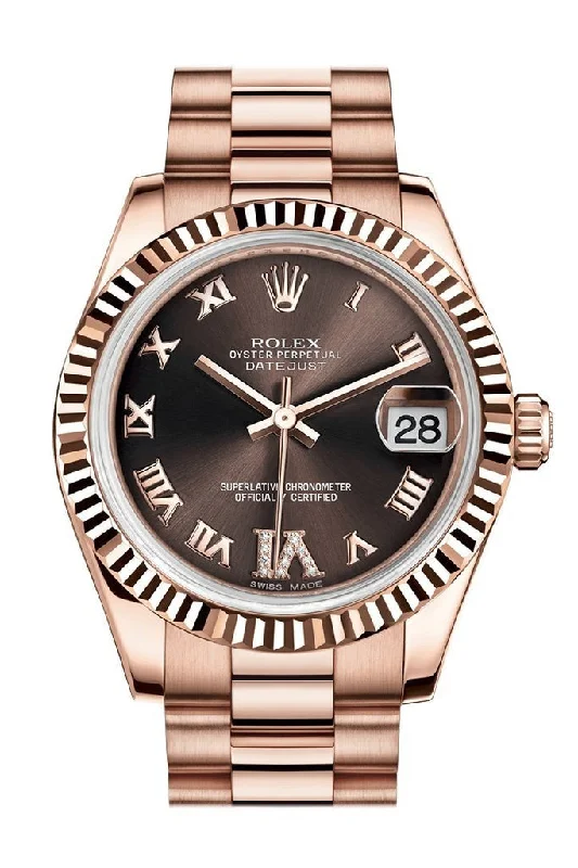 Rolex Datejust 31 Chocolate Large VI set with Diamond Dial Fluted Bezel 18K Everose Gold President Ladies Watch 178275